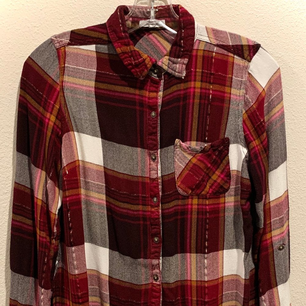 Flannel-style, red, gold, pink, white shirt